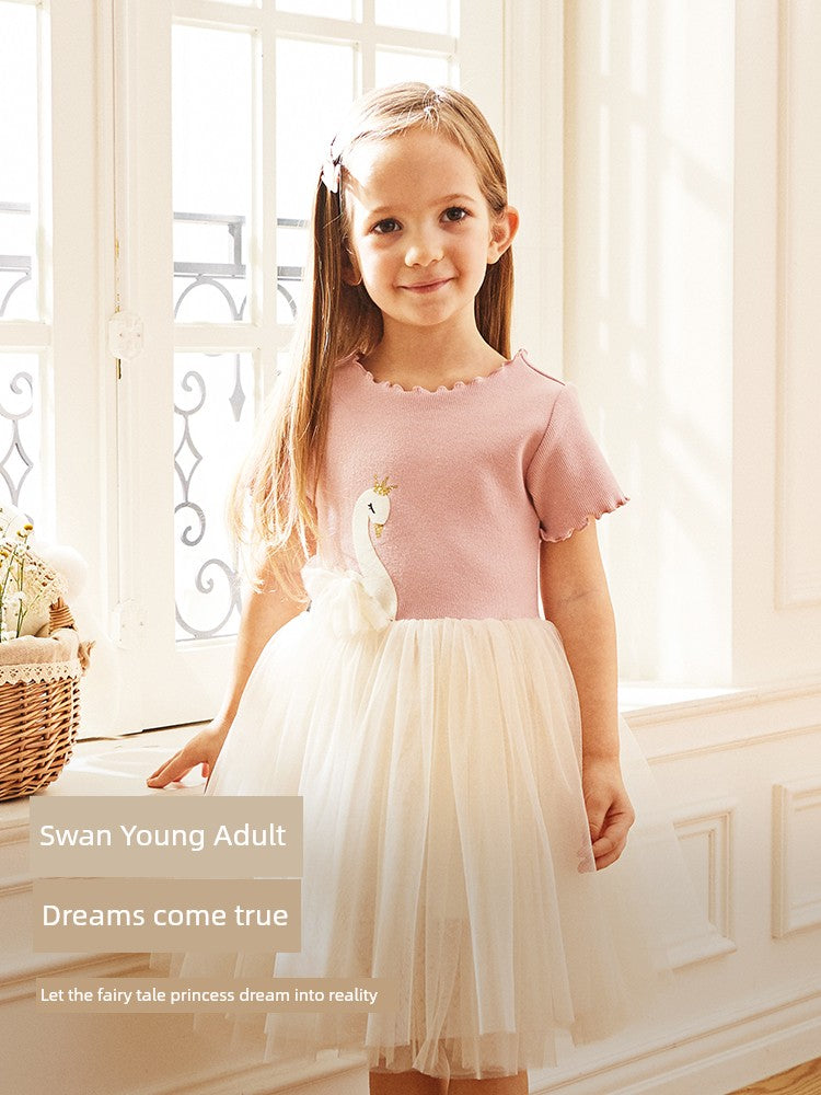 Dave & Bella Girl Dress Summer Dress Kids Baby Swan Princess Dress Little Girl Tulle Skirt Western Style